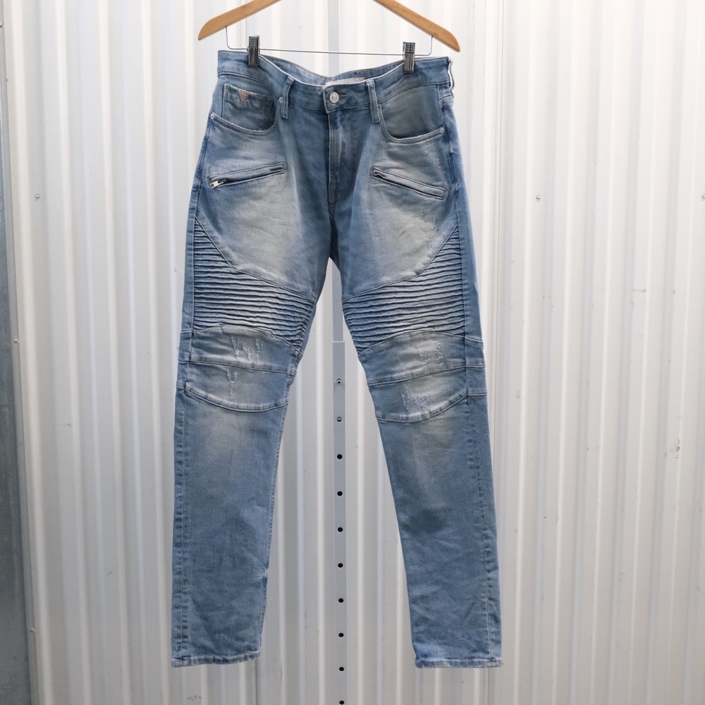 Guess Slim Tapered Moto Jeans Men's Size 34x32 Light Wash Denim